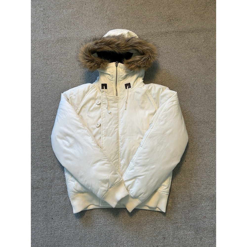 Vtg Y2K Ralph Lauren Polo Jeans Co Puffer Jacket Women's L White Down Fur Hood